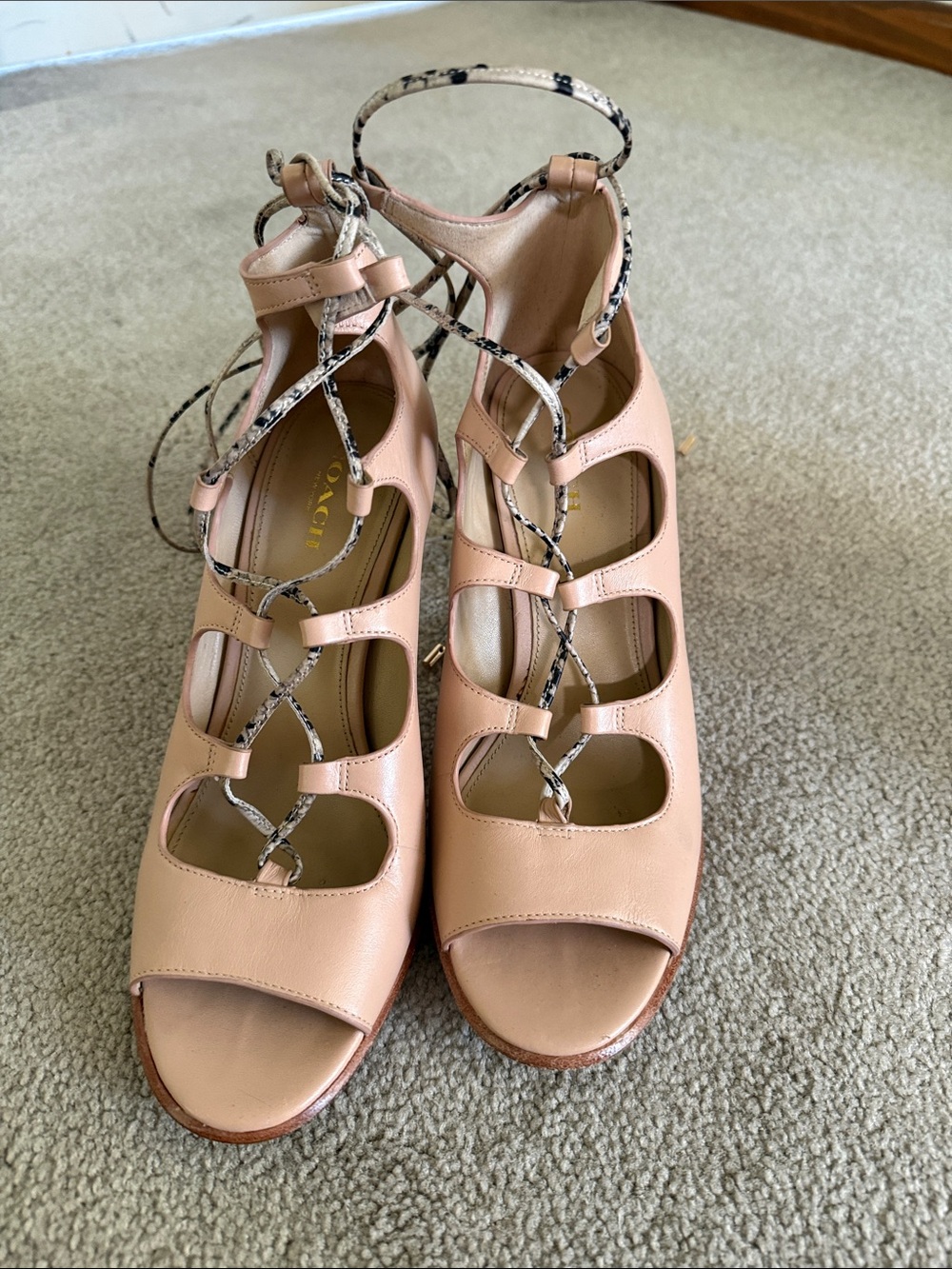 Coach Lace-Up Gladiator Heels in Blush and Black